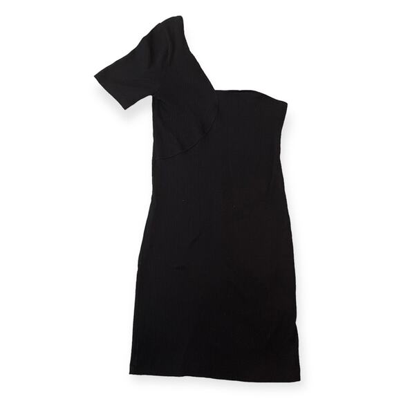 Zara Black Ribbed Bodycon One Shoulder Summer Mini Casual Dress Size Small - Picture 1 of 6